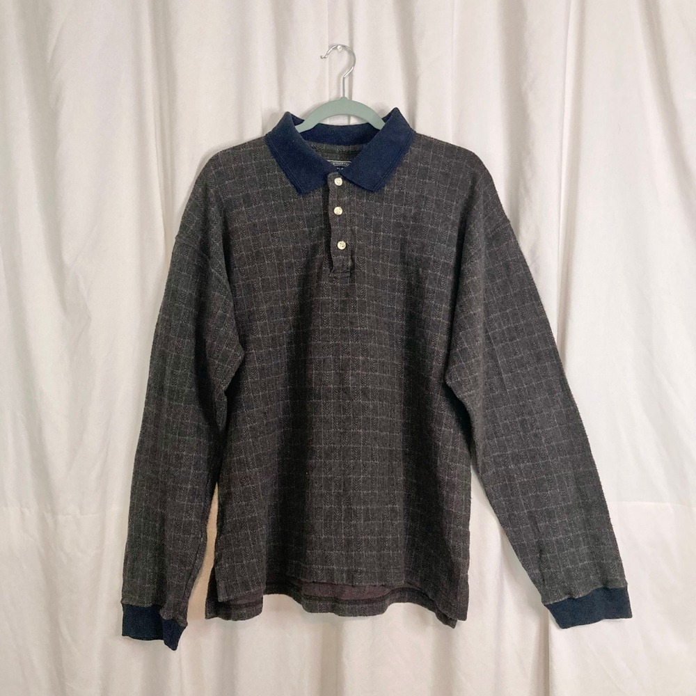 Vintage 90s Bogari Studio Herringbone Knit Long Sleeve Polo Shirt L Grandpacore